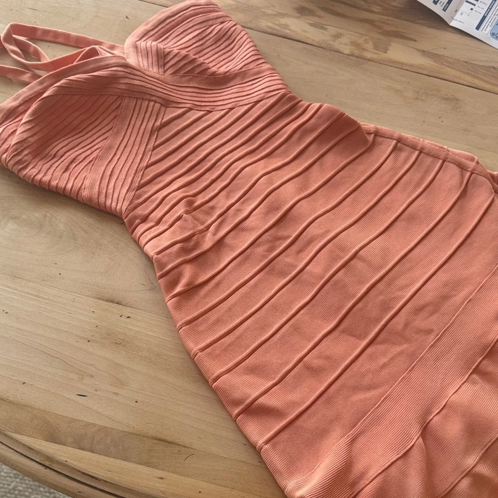 Herve Leger by Max Aria Alissa Bandage Dress Peach Coral Strappy Dress - Picture 7 of 7